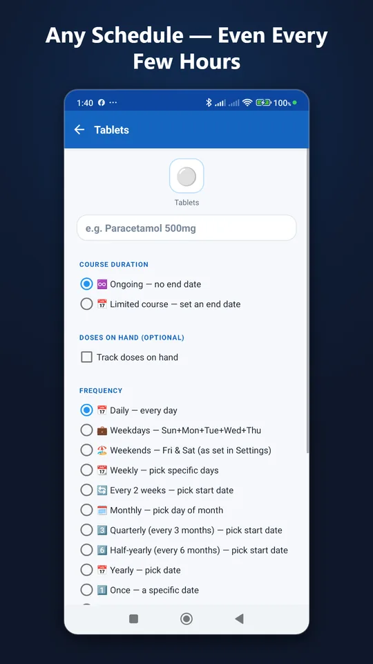 Flexible frequency picker: daily, weekly, every few hours and more