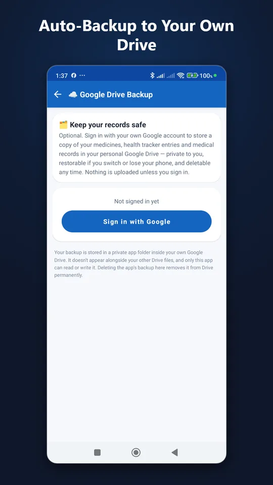 Optional Google Drive backup screen