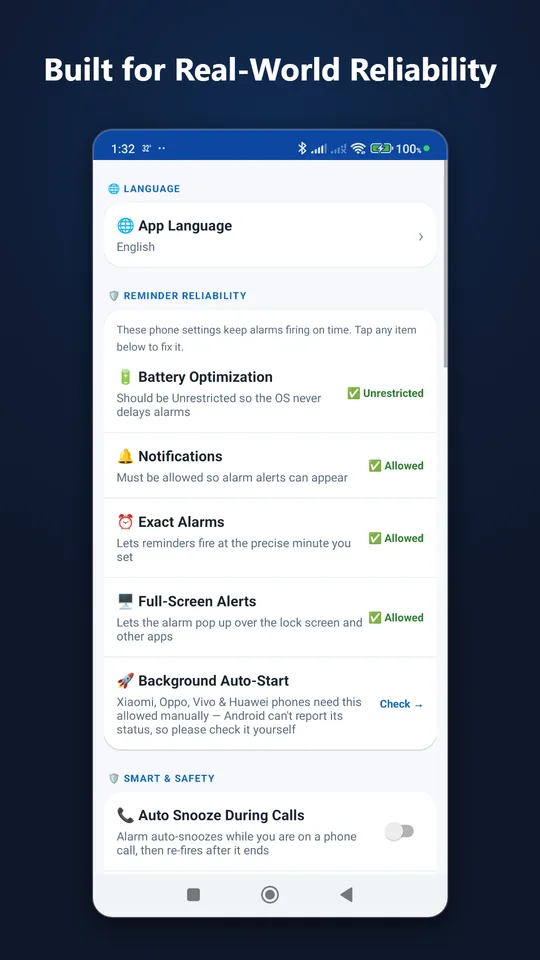 Settings showing reminder reliability checks