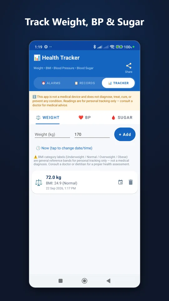 Health tracker for weight, blood pressure and sugar